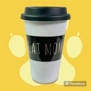 Rosanna 12 Fl Oz White CAT MOM Ceramic Travel Commuter Cup With Lid & Stopper